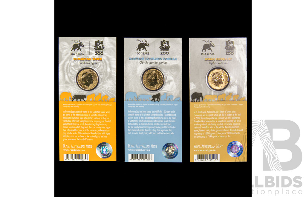 Three Australian RAM 2012 Coloured Commemorative One Dollar Coins, Animals of the Zoo, Asian Elephant, Western Lowland Gorilla, Sumatran Tiger