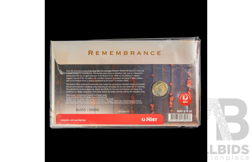 Australian 2012 Remembrance PNC, Commemorative Two Dollar Red Poppy 'C' Mint Mark, Poppy Off Center