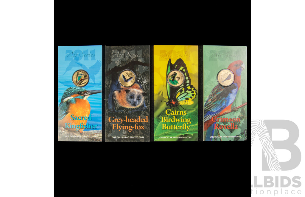Four Australian 2011 Commemorative One Dollar Coins, Air Series Sacred Kingfisher, Cairns Birdwing Butterfly, Crimson Rosella, Grey-Headed Flying-Fox