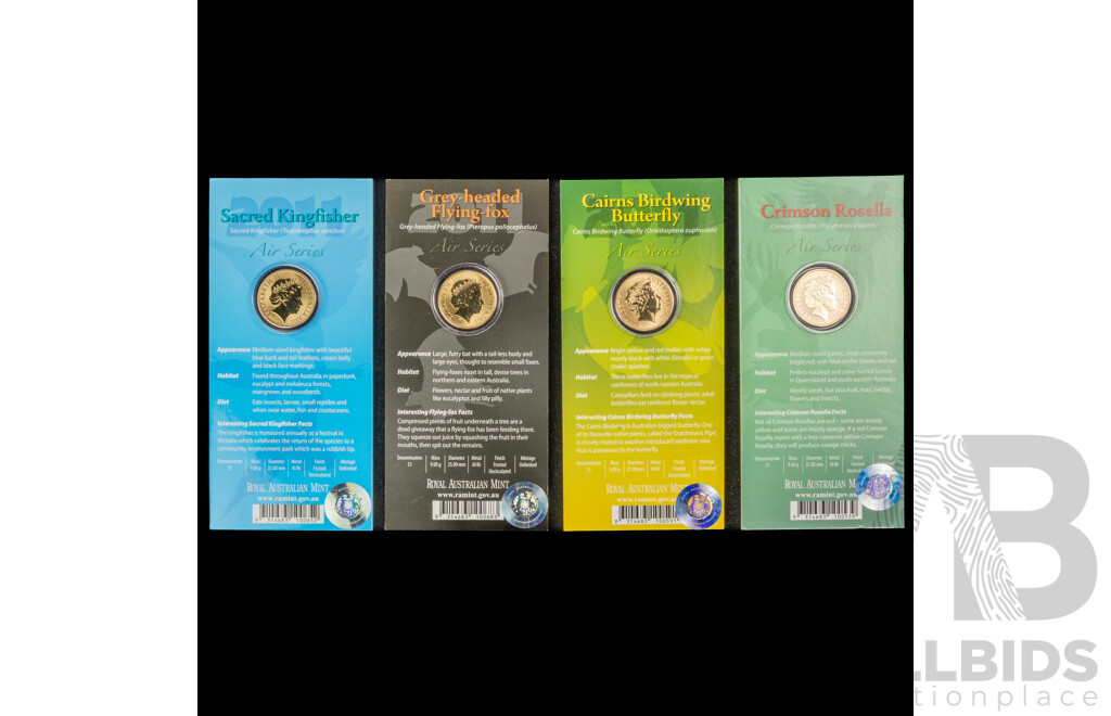 Four Australian 2011 Commemorative One Dollar Coins, Air Series Sacred Kingfisher, Cairns Birdwing Butterfly, Crimson Rosella, Grey-Headed Flying-Fox