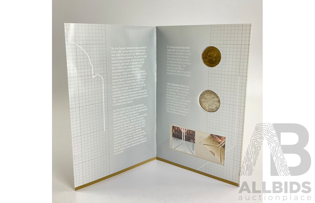 Australian Federal Parliament 1901 to 2001 Two Coin and Stamp Set, 1951 Silver Florin