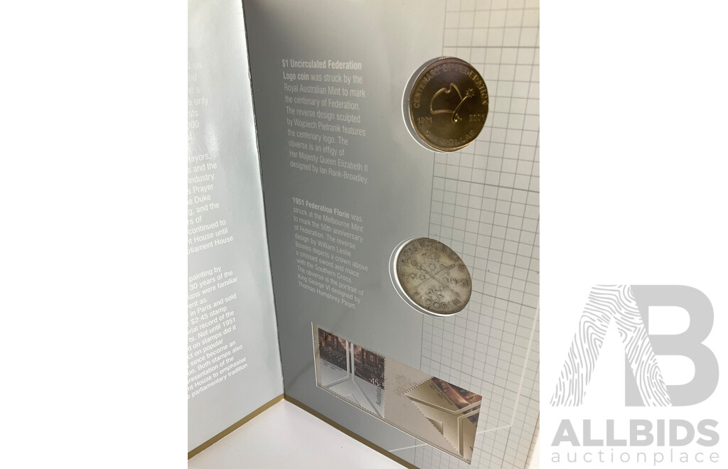 Australian Federal Parliament 1901 to 2001 Two Coin and Stamp Set, 1951 Silver Florin