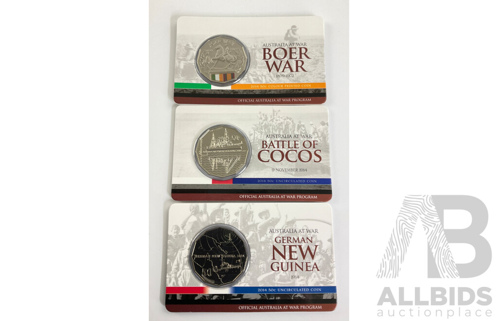 Three Australian 2014 Fifty Cent Coins, Australia at War, German New Guinea, Battle of Cocos, Boer War
