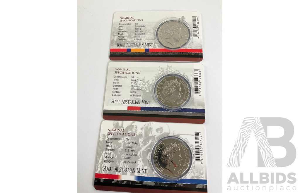 Three Australian 2014 Fifty Cent Coins, Australia at War, German New Guinea, Battle of Cocos, Boer War
