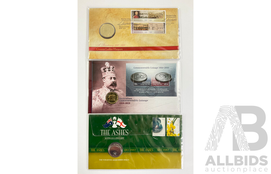 Three Australian PNCs Including 2010 Governor Lachlan Macquarie Bicentenary, Australian Commonwealth Coinage, 2011 Ashes Australia Vs England