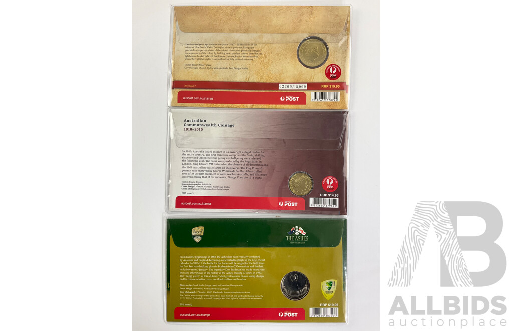 Three Australian PNCs Including 2010 Governor Lachlan Macquarie Bicentenary, Australian Commonwealth Coinage, 2011 Ashes Australia Vs England