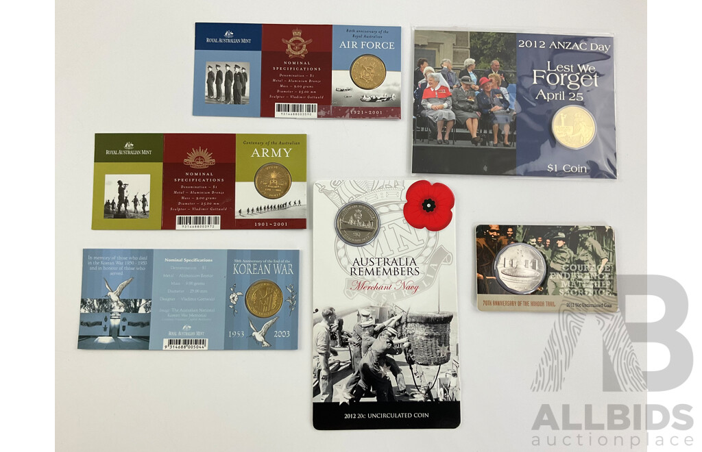 Australian War Themed Commemorative Coins Including One Dollars, Fifty Cents and Twenty Cents