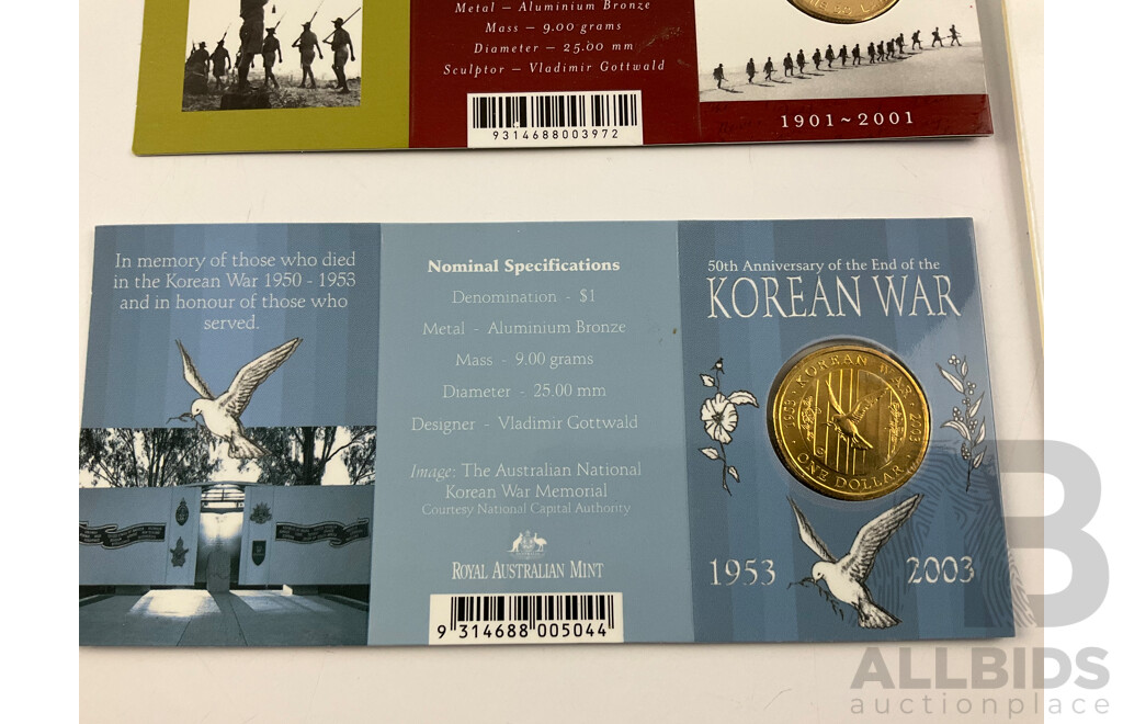 Australian War Themed Commemorative Coins Including One Dollars, Fifty Cents and Twenty Cents