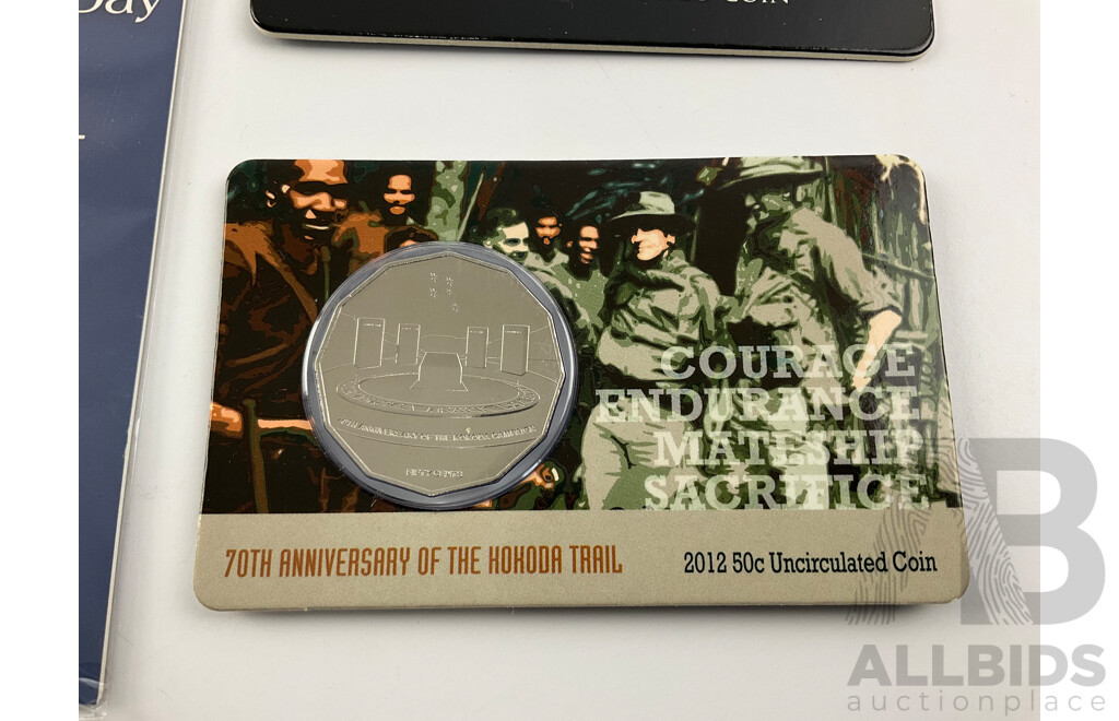 Australian War Themed Commemorative Coins Including One Dollars, Fifty Cents and Twenty Cents