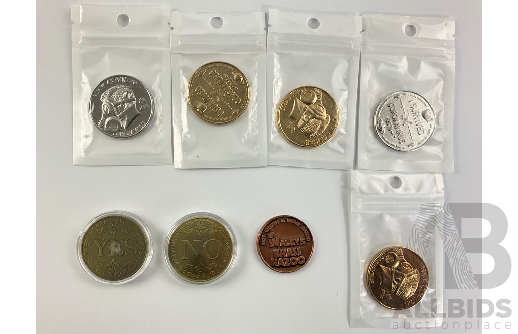 Collection of Novelty Coins Including Wally's Brass Razoo, 'I Survived Corona Virus' YES/NO