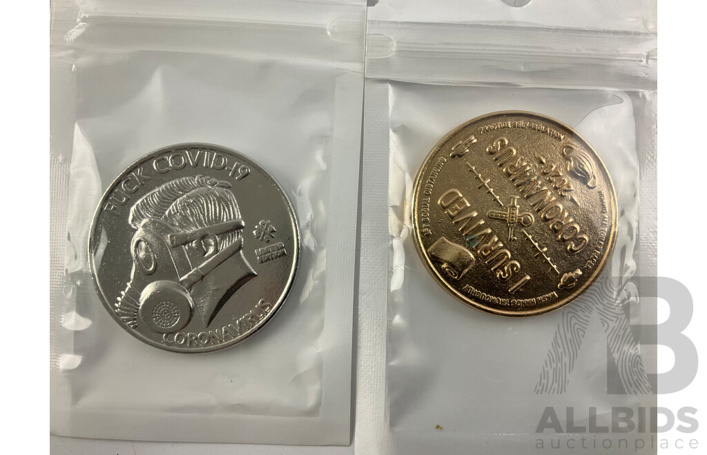 Collection of Novelty Coins Including Wally's Brass Razoo, 'I Survived Corona Virus' YES/NO