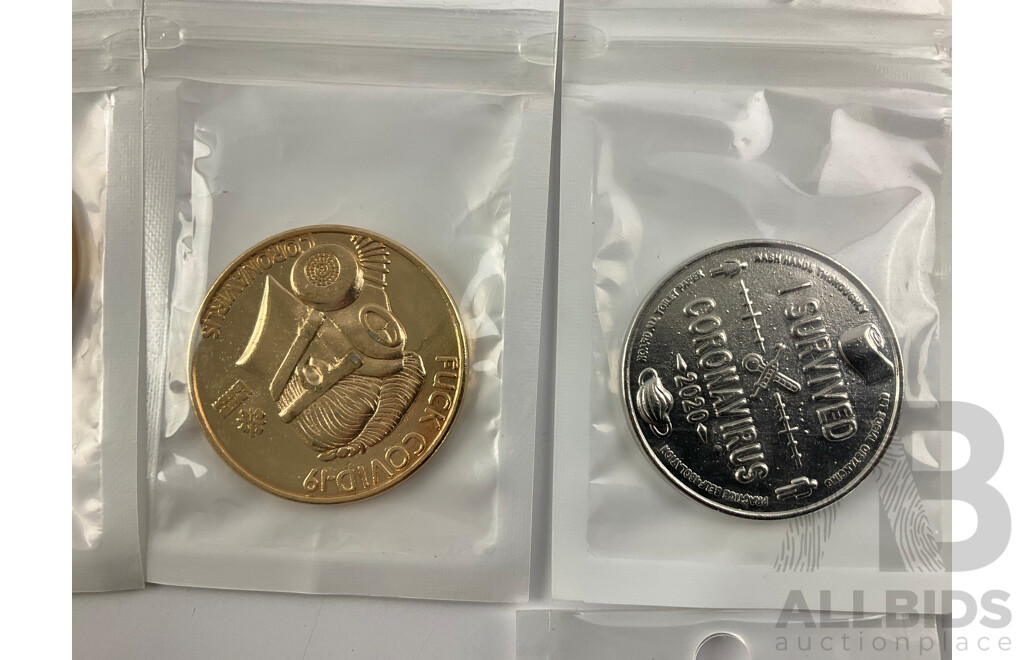 Collection of Novelty Coins Including Wally's Brass Razoo, 'I Survived Corona Virus' YES/NO