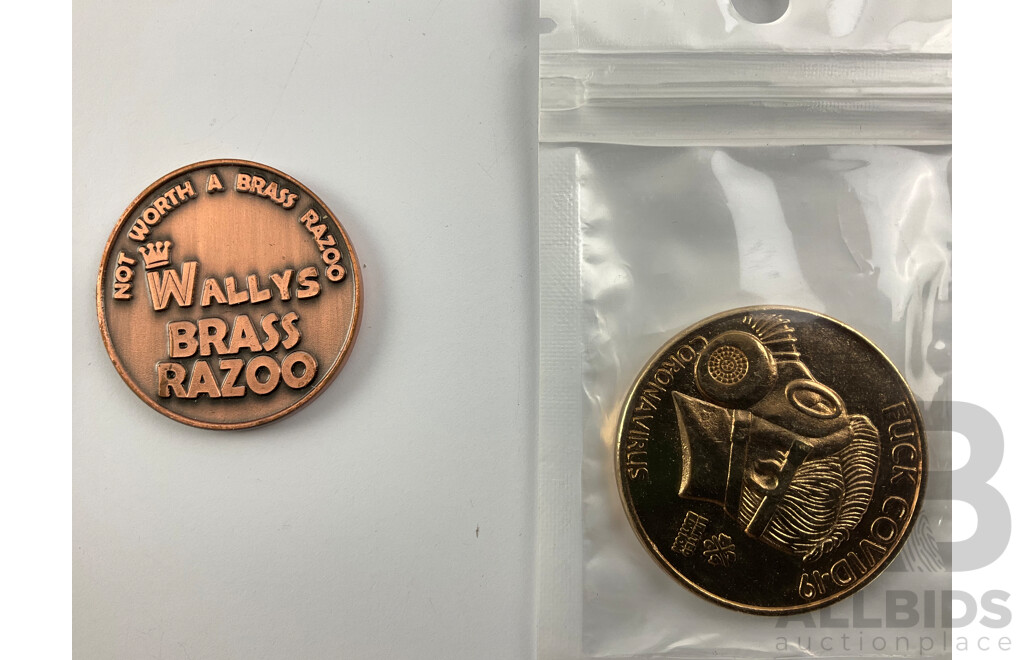 Collection of Novelty Coins Including Wally's Brass Razoo, 'I Survived Corona Virus' YES/NO