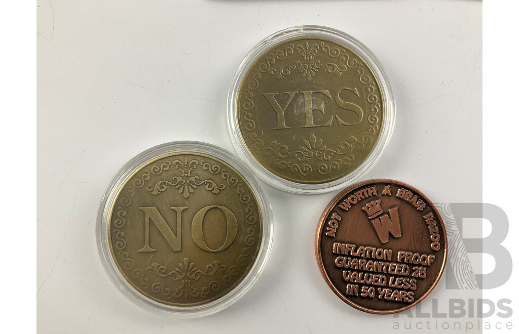 Collection of Novelty Coins Including Wally's Brass Razoo, 'I Survived Corona Virus' YES/NO