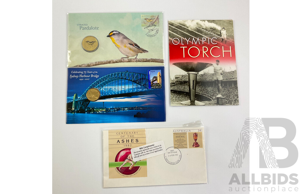 Australian PNC and First Day Cover Including 1999 Olympic Torch, 2013 Striated Pardalote, 2007 Sydney Harbour Bridge 75 Years, 1982 Centenary of the Ashes