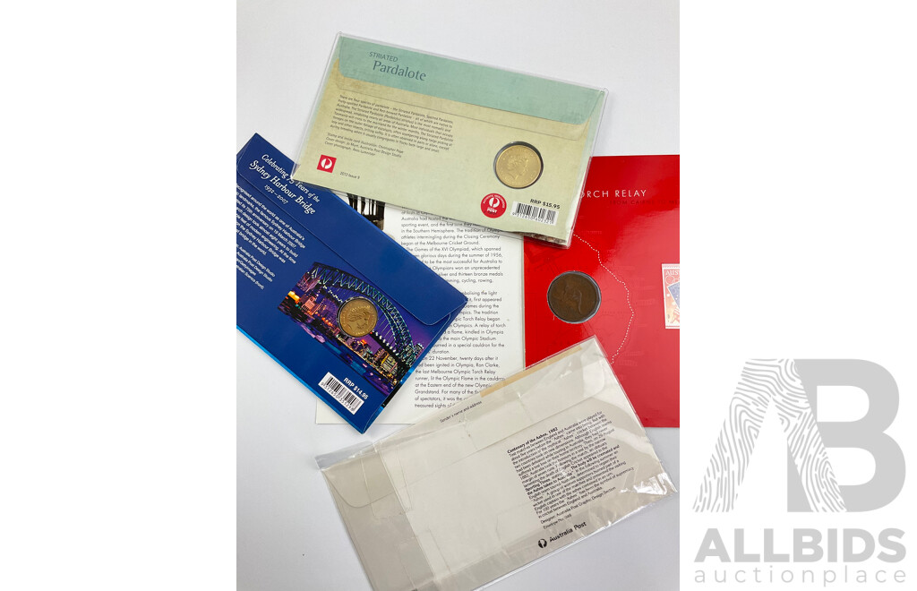 Australian PNC and First Day Cover Including 1999 Olympic Torch, 2013 Striated Pardalote, 2007 Sydney Harbour Bridge 75 Years, 1982 Centenary of the Ashes
