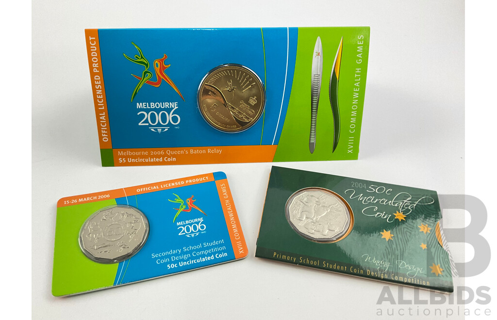 Australian 2006 Commemorative Five Dollar and Fifty Cent Coins, Melbourne Commonwealth Games with 2004 Fifty Cent, Primary School Student Design
