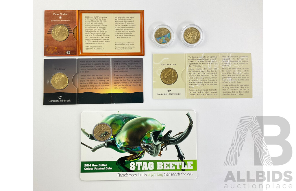 Australian Commemorative One Dollar Coins Including 2014 Stag Beetle, 2005 Gallipoli, 2004 Eureka C Mint Mark, 2006 50 Years Television S Mint Mark, 2021 Wiggles, 2022 Coloured Crux