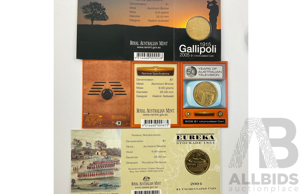 Australian Commemorative One Dollar Coins Including 2014 Stag Beetle, 2005 Gallipoli, 2004 Eureka C Mint Mark, 2006 50 Years Television S Mint Mark, 2021 Wiggles, 2022 Coloured Crux