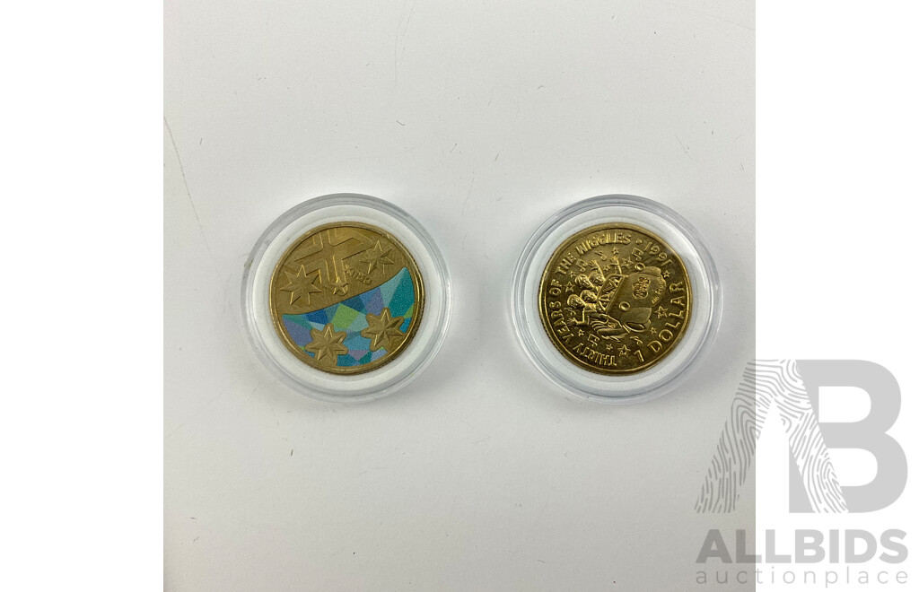 Australian Commemorative One Dollar Coins Including 2014 Stag Beetle, 2005 Gallipoli, 2004 Eureka C Mint Mark, 2006 50 Years Television S Mint Mark, 2021 Wiggles, 2022 Coloured Crux