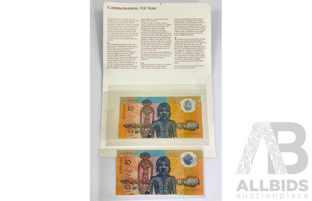 Australian 1988 Ten Dollar Notes, Bicentennial Normal and Collector Issue AB 13938916 and AA 19098631
