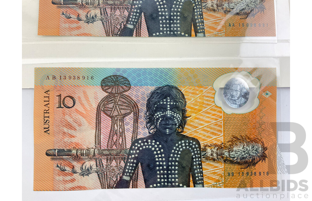 Australian 1988 Ten Dollar Notes, Bicentennial Normal and Collector Issue AB 13938916 and AA 19098631