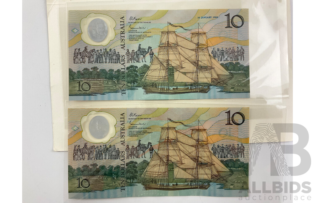 Australian 1988 Ten Dollar Notes, Bicentennial Normal and Collector Issue AB 13938916 and AA 19098631