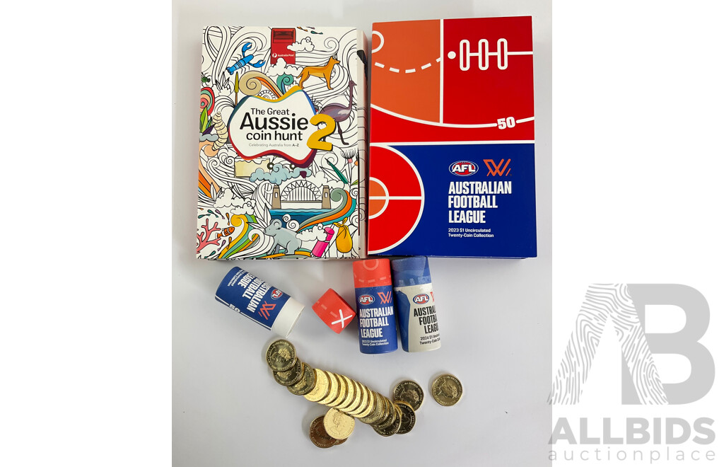 Australian 2023 AFL Twenty One Dollar Coin Set with Empty 2023/24 Tubes and Aussie Coin Hunt 2 Folder