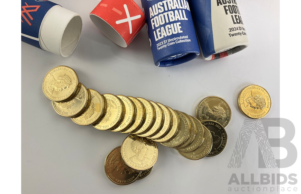 Australian 2023 AFL Twenty One Dollar Coin Set with Empty 2023/24 Tubes and Aussie Coin Hunt 2 Folder
