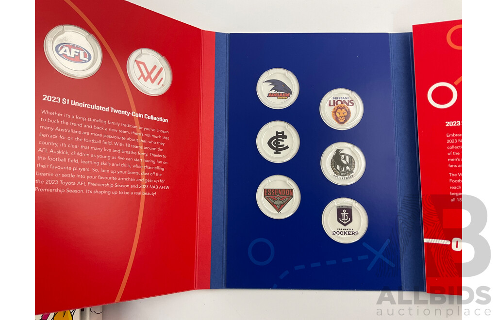 Australian 2023 AFL Twenty One Dollar Coin Set with Empty 2023/24 Tubes and Aussie Coin Hunt 2 Folder