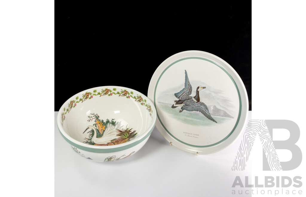 Large Portmeirion Ceramic Serving Bowl, Birds of Britain by E Donovan Designed by Susan Ellis Williams, Little Egret, Along with Portmeirion Cake Stand in the Same Series, Barnacle Goose