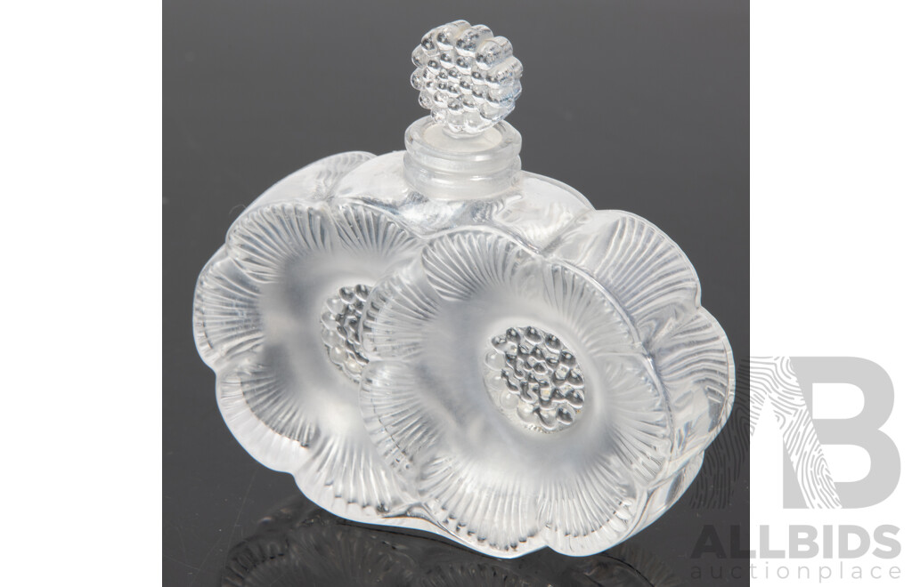 Vintage French Lalique Frosted Crystal Two Fleur Perfume Bottle and Stopper, Signed to Base
