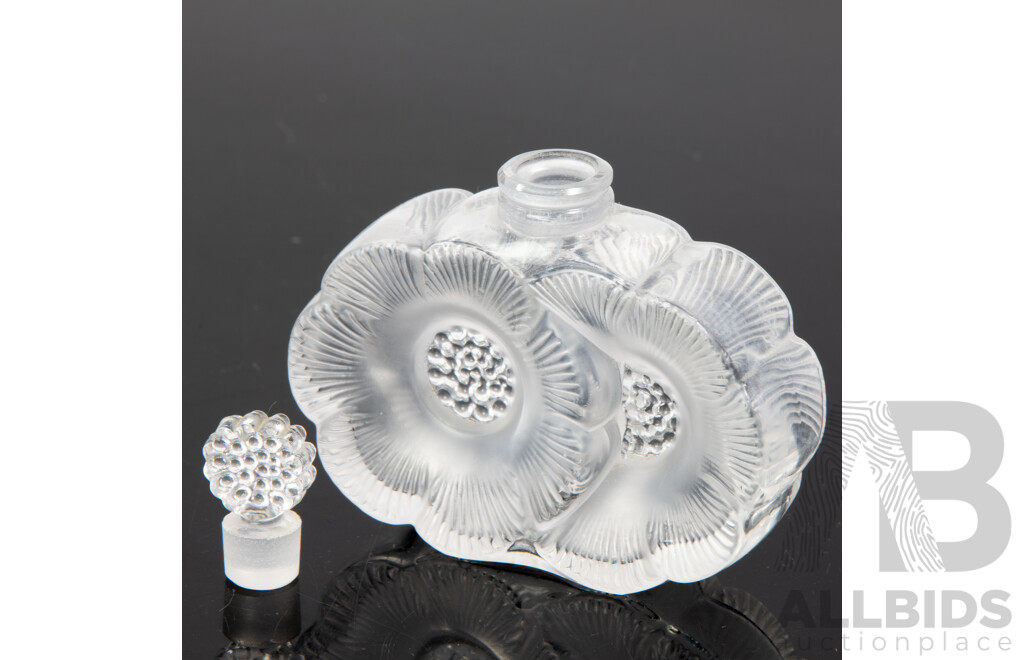 Vintage French Lalique Frosted Crystal Two Fleur Perfume Bottle and Stopper, Signed to Base
