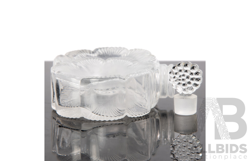 Vintage French Lalique Frosted Crystal Two Fleur Perfume Bottle and Stopper, Signed to Base