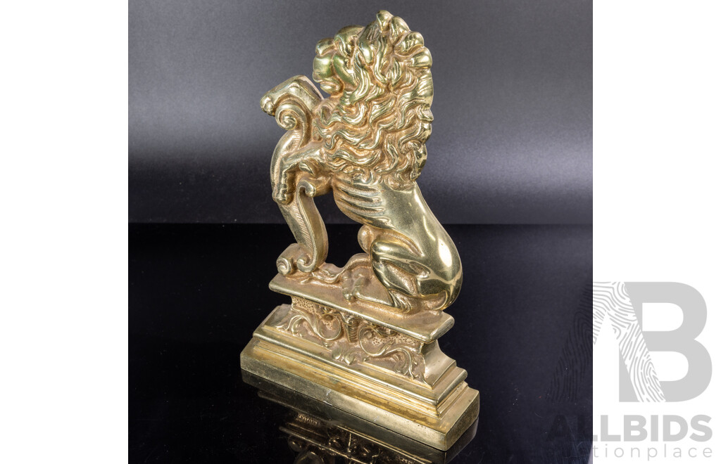 Heavy Brass Rampant Lion Form Door Stop, Contemporary