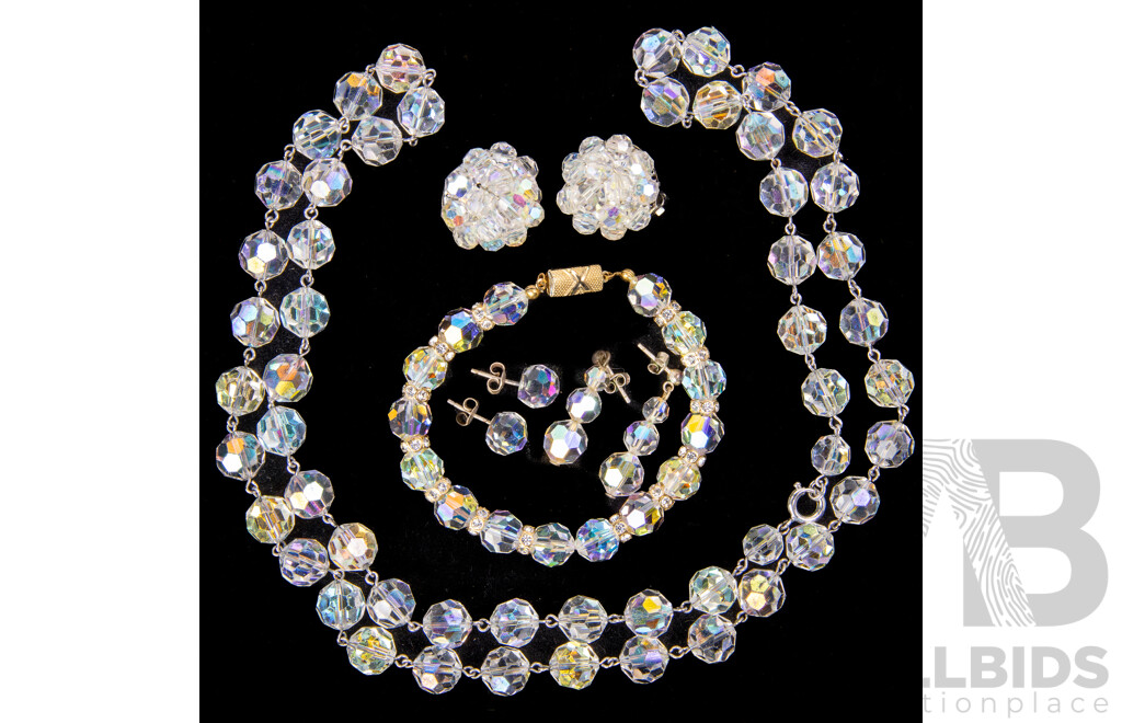Vintage Aurora Borealis Cystal Bead Necklace, Bracelet & (3) Pairs of Earrings