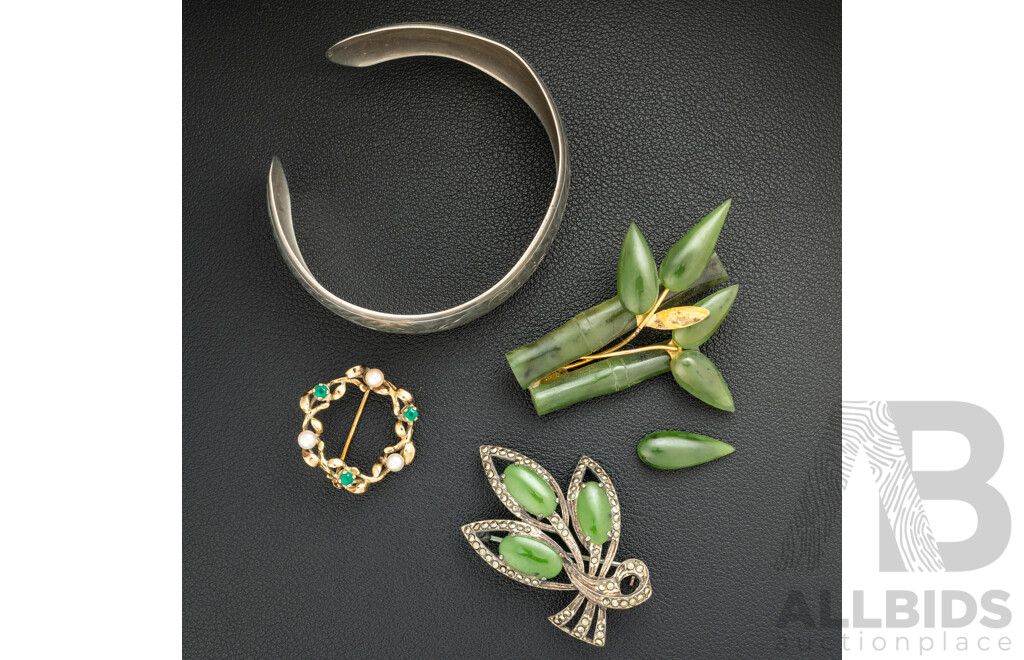 Vintage 835 Silver Floral Etched Open Cuff Bangle and (3) Vintage Brooches Including Pearl, Emerald & Jade