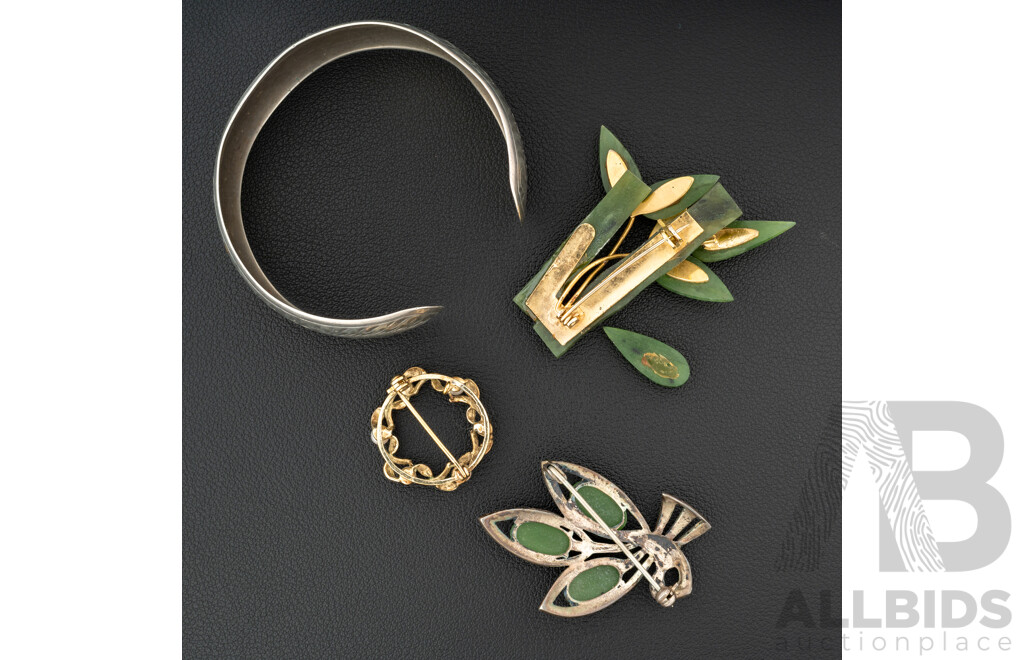 Vintage 835 Silver Floral Etched Open Cuff Bangle and (3) Vintage Brooches Including Pearl, Emerald & Jade