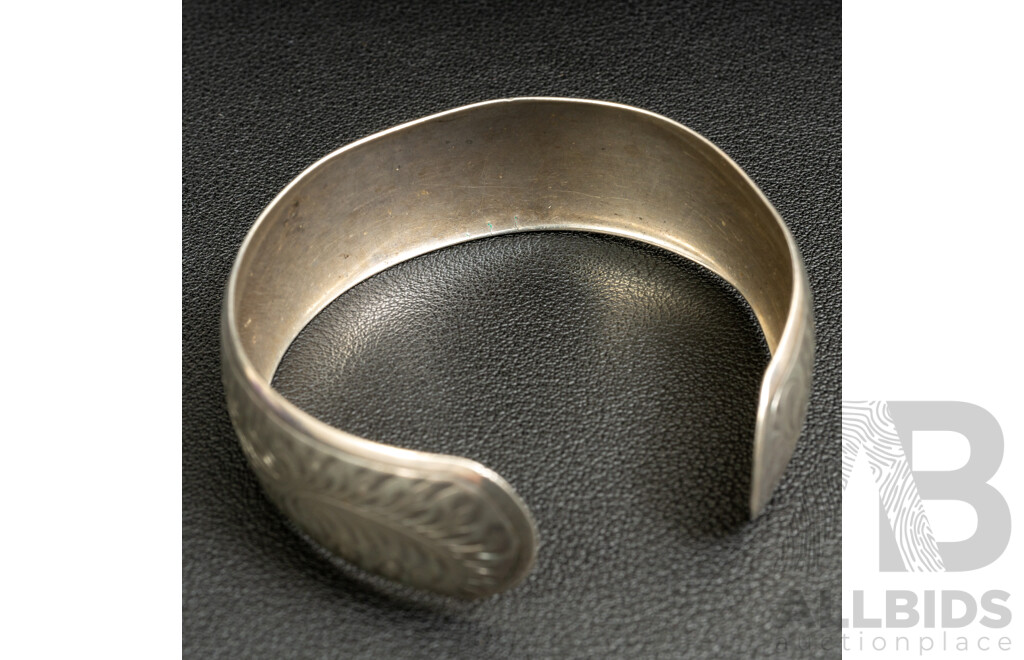 Vintage 835 Silver Floral Etched Open Cuff Bangle and (3) Vintage Brooches Including Pearl, Emerald & Jade