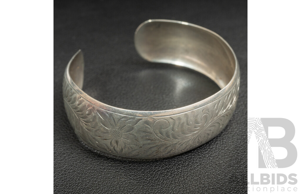 Vintage 835 Silver Floral Etched Open Cuff Bangle and (3) Vintage Brooches Including Pearl, Emerald & Jade