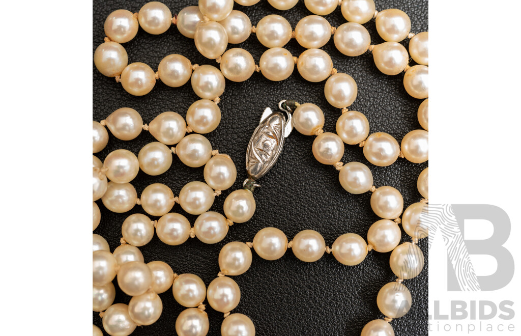 Vintage Cultured Pearl Necklace with Sterling Silver Clasp, 6mm-6.5mm, 64cm, Original Presentation Box