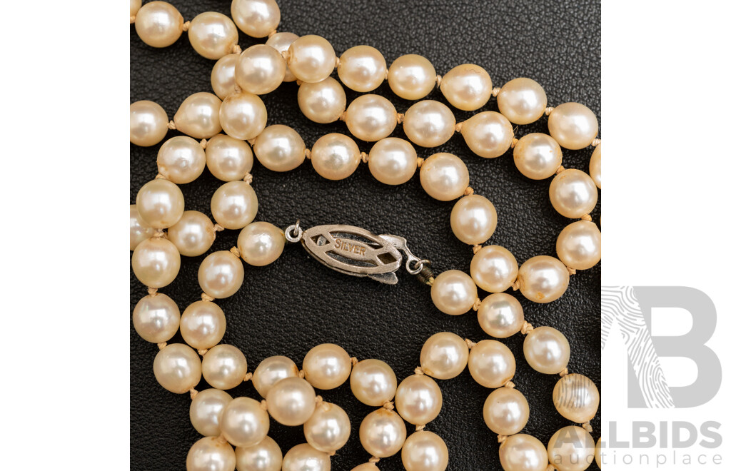 Vintage Cultured Pearl Necklace with Sterling Silver Clasp, 6mm-6.5mm, 64cm, Original Presentation Box