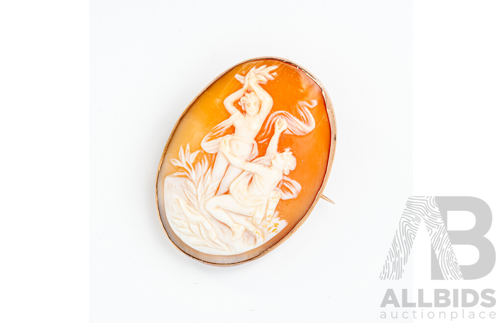 9ct Antique Hand Carved Shell Cameo with Greek Goddess & Cherub/Lover, 38mm, 8.92 Grams