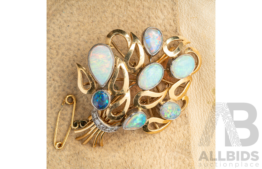 18ct Platinum Handmade Solid Australian Opal & Diamond Brooch, TOW5.06ct/TDW0.25ct, 55mm, 12.73 Grams