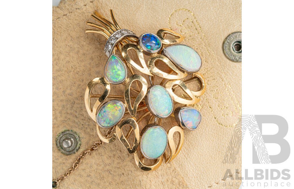 18ct Platinum Handmade Solid Australian Opal & Diamond Brooch, TOW5.06ct/TDW0.25ct, 55mm, 12.73 Grams
