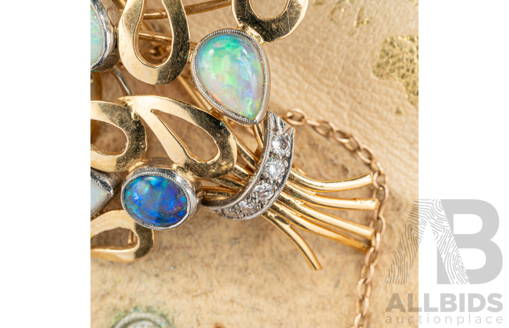 18ct Platinum Handmade Solid Australian Opal & Diamond Brooch, TOW5.06ct/TDW0.25ct, 55mm, 12.73 Grams