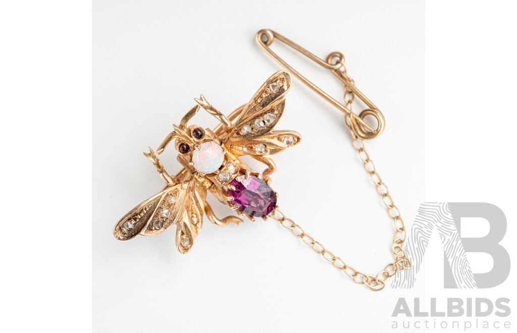 18ct Victorian Gem & Diamond Set Bee Brooch, 17mm, 3.52 Grams - Fairfax & Roberts Sydney