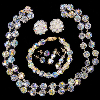 Vintage Aurora Borealis Cystal Bead Necklace, Bracelet & (3) Pairs of Earrings