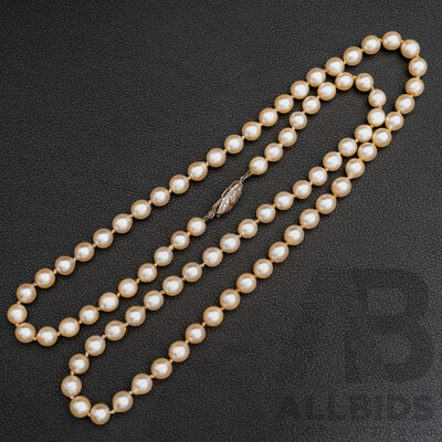 Vintage Cultured Pearl Necklace with Sterling Silver Clasp, 6mm-6.5mm, 64cm, Original Presentation Box