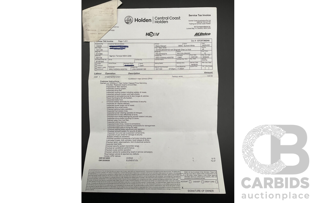 02/2020 Holden Colorado LS (4x4) RG MY20 C/Chas Summit White Turb Diesel 2.8L